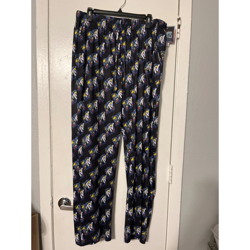 MTV PJammy Mens Lounge Pants Black Retro Logo Boombox Pajamas Large NEW